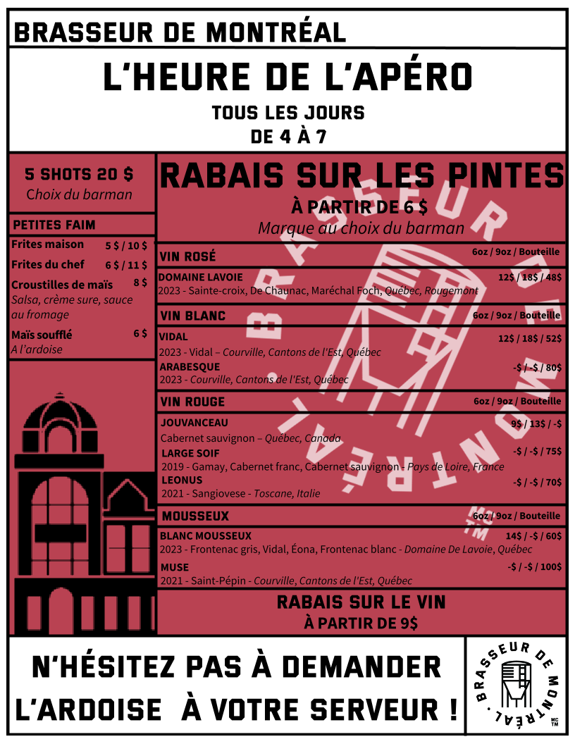 Menu, Brasseur de Montréal