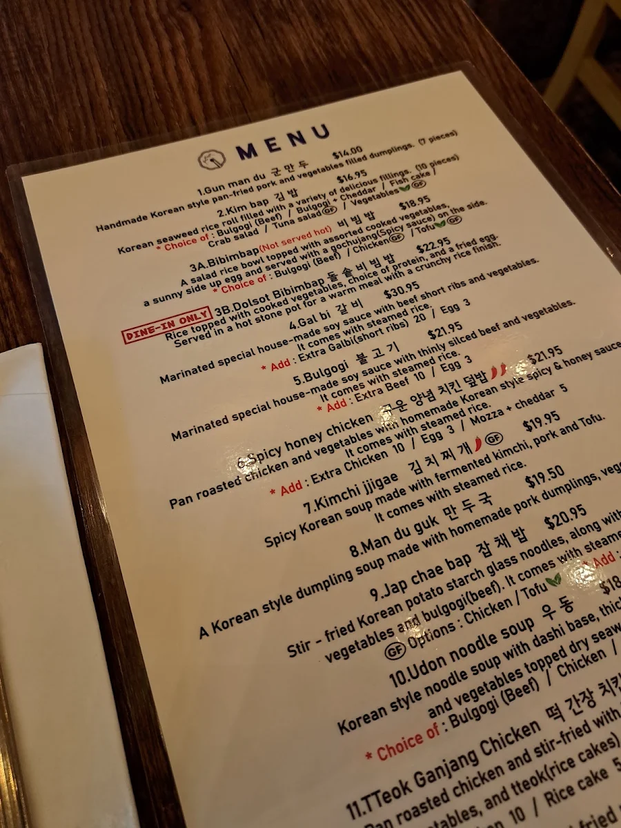 Menu, SUJEO Korean Restaurant