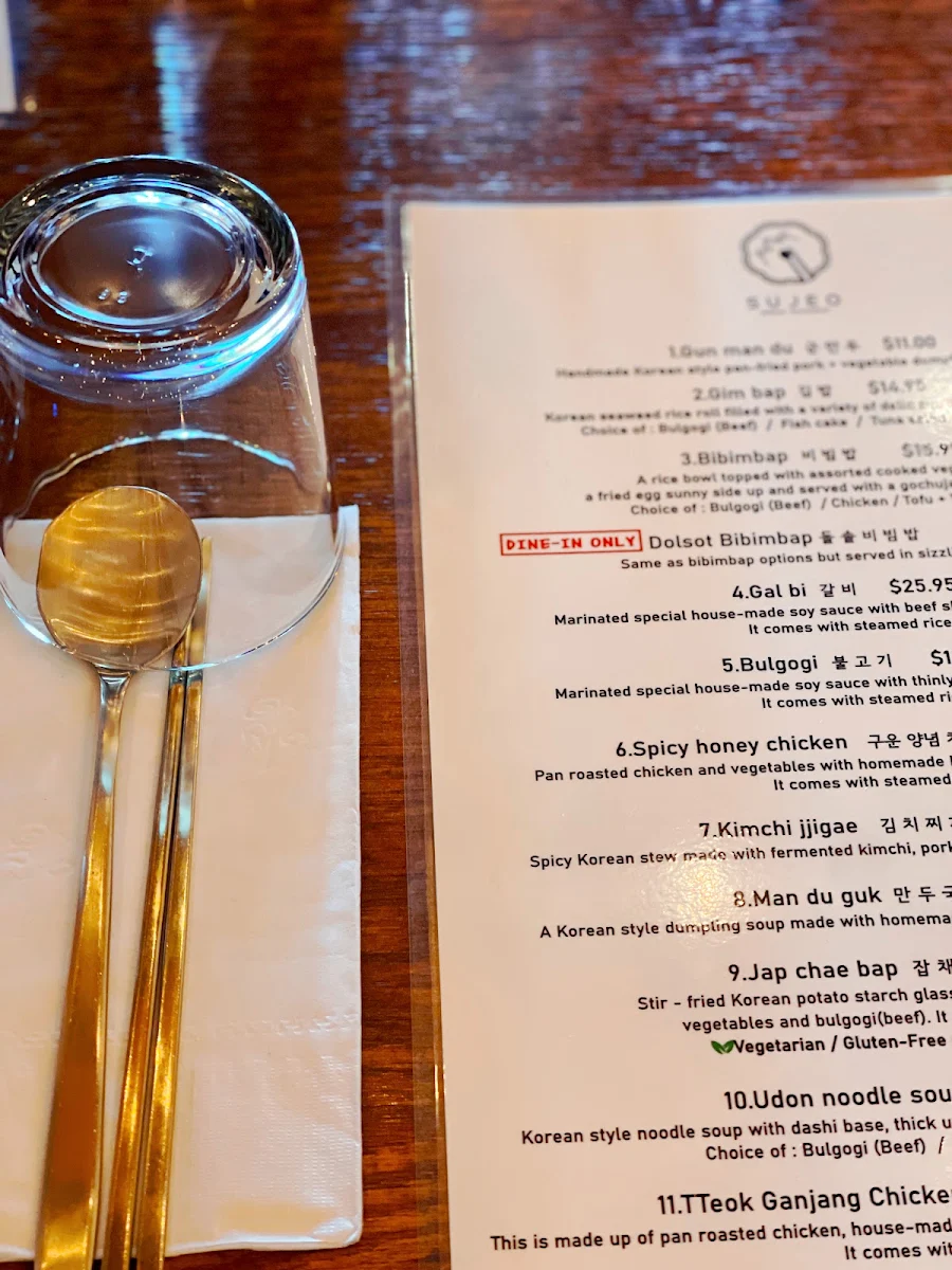 Menu, SUJEO Korean Restaurant