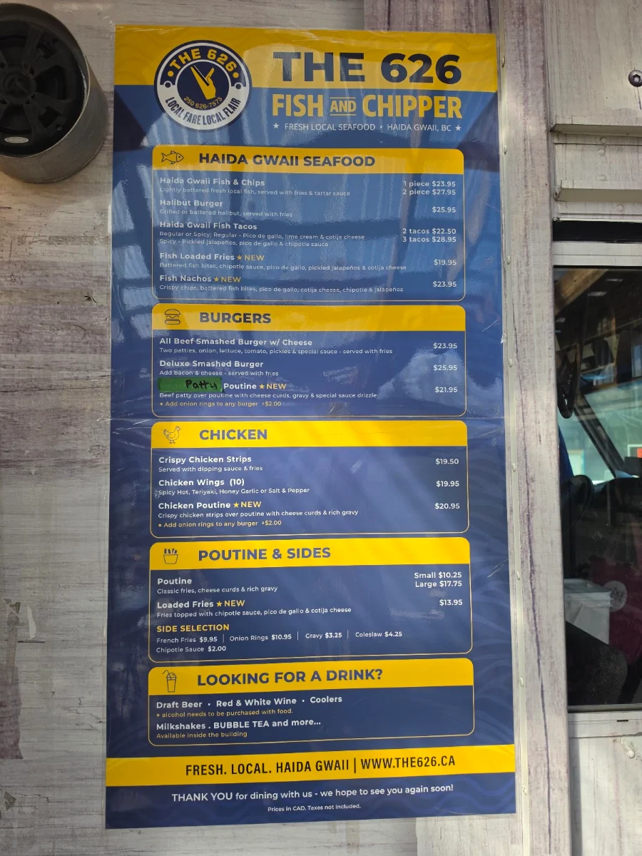 Menu, The 626 Fish and Chipper