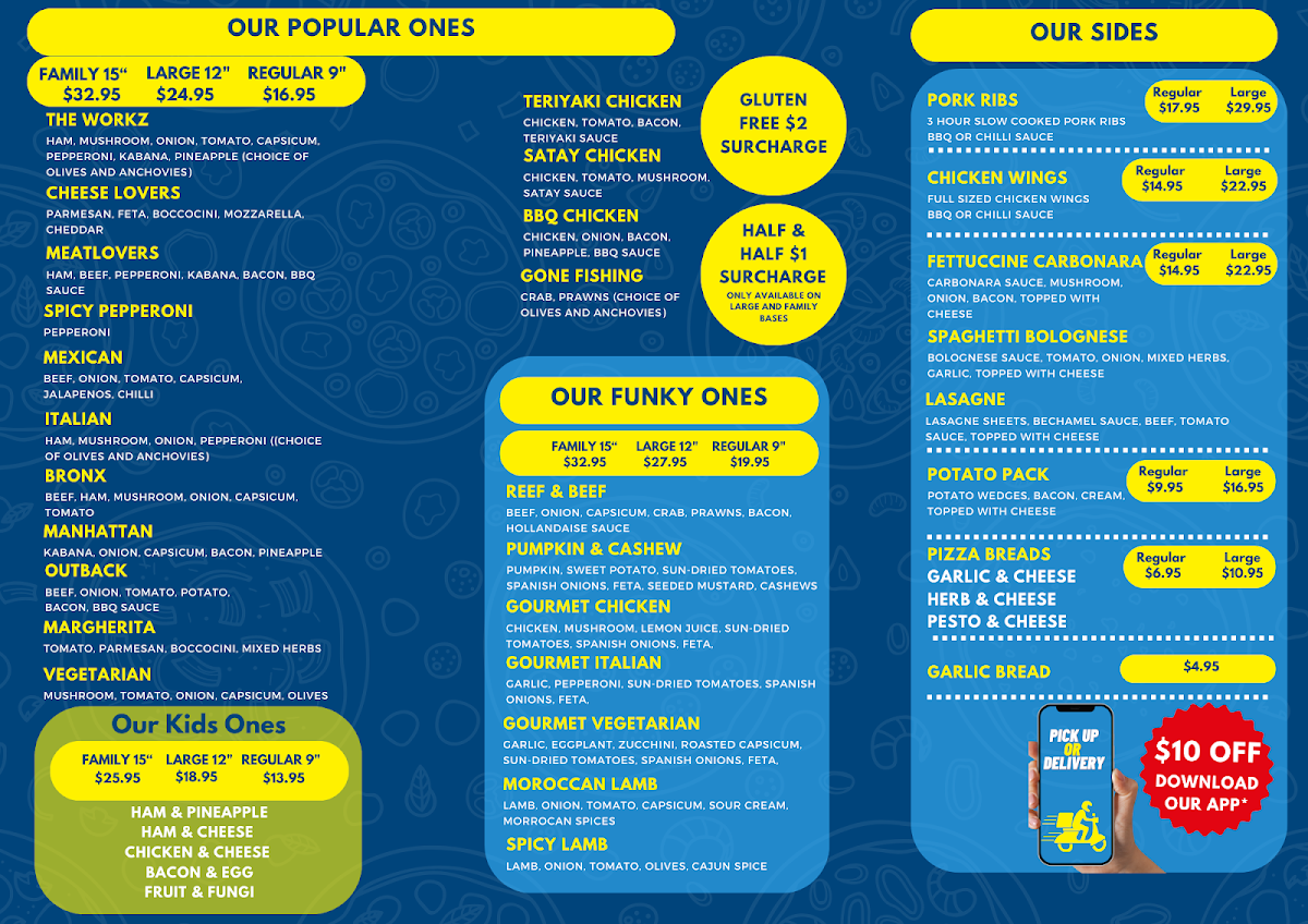 Menu, Pizza Workz Everton hills