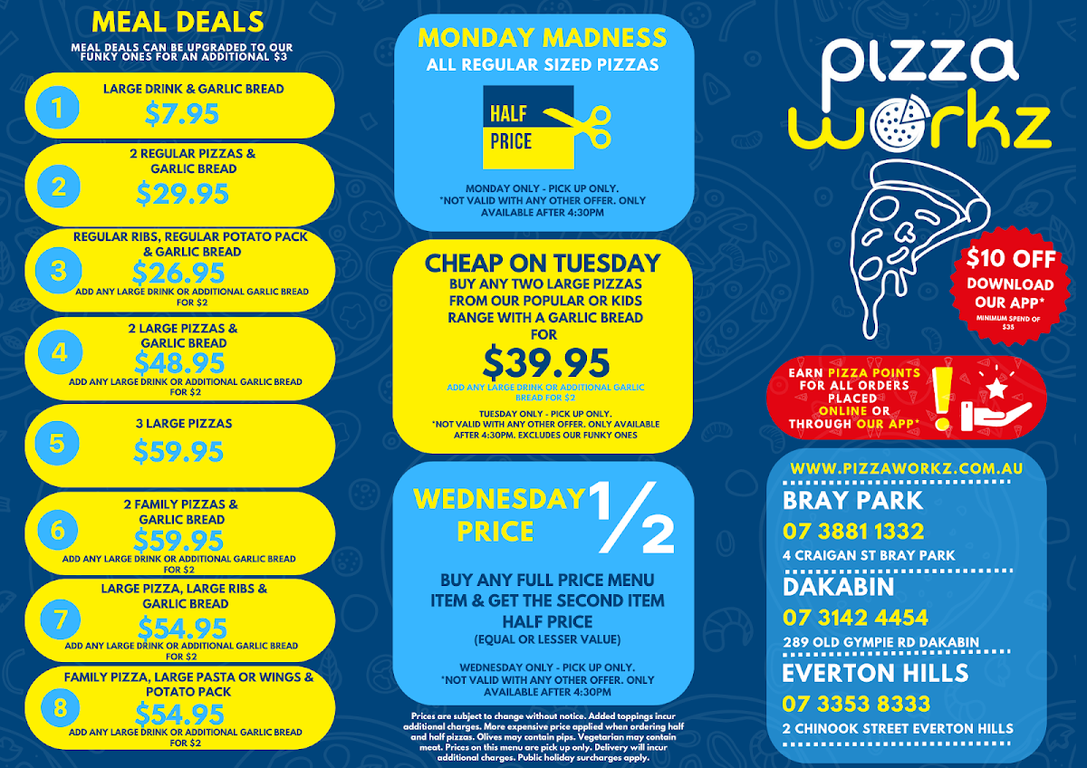 Menu, Pizza Workz Everton hills