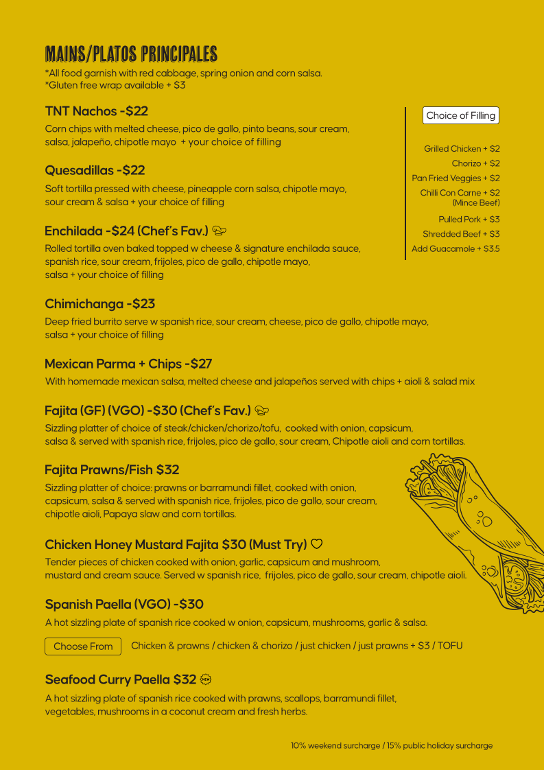 Menu, Tacos ‘N’ Tequilas Rowville
