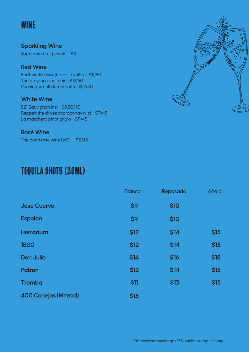 Menu, Tacos ‘N’ Tequilas Rowville