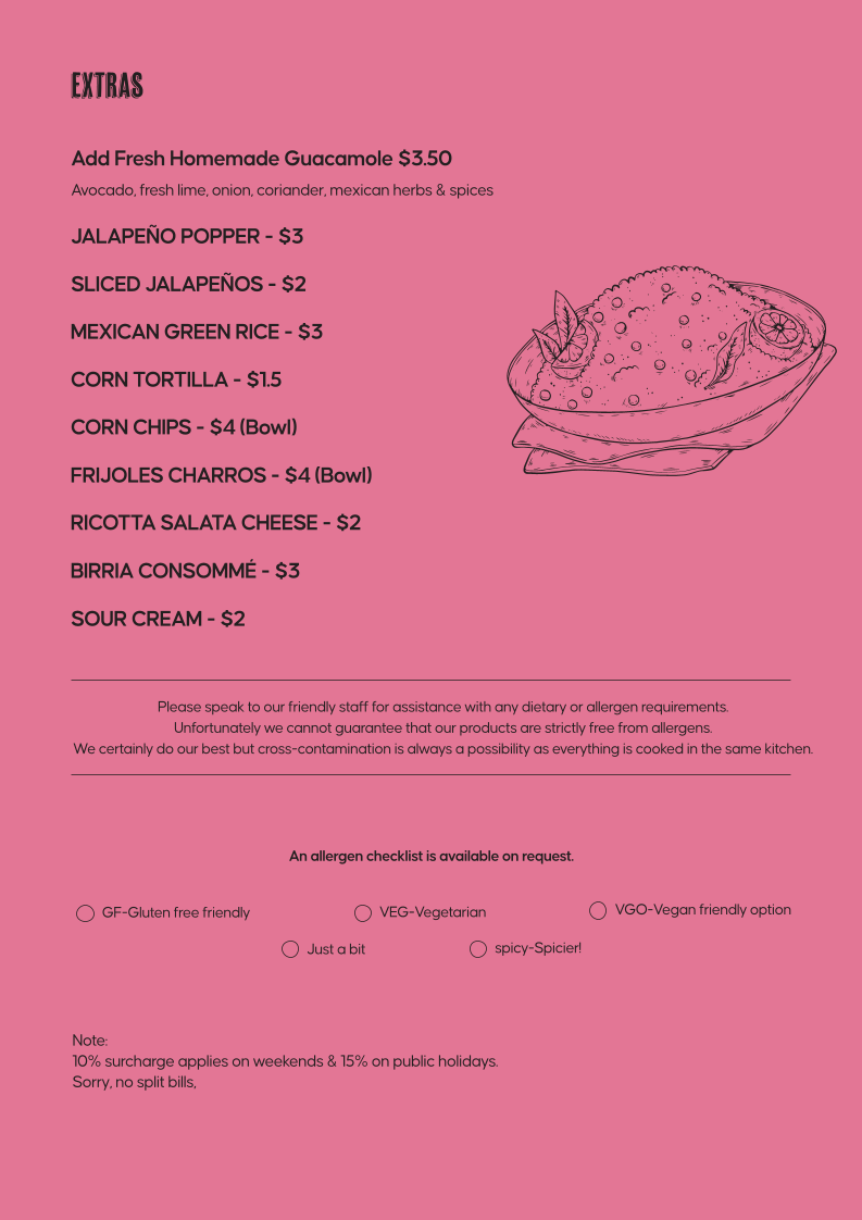 Menu, Tacos ‘N’ Tequilas Rowville