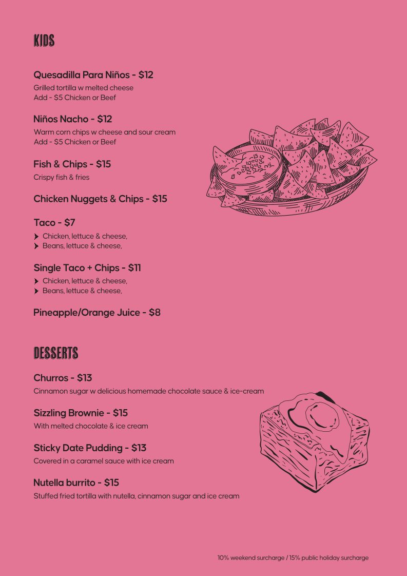 Menu, Tacos ‘N’ Tequilas Rowville