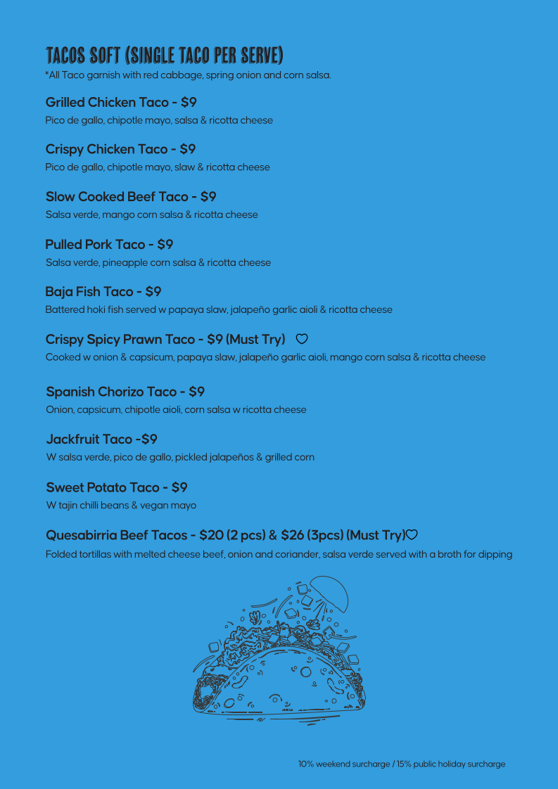 Menu, Tacos ‘N’ Tequilas Rowville