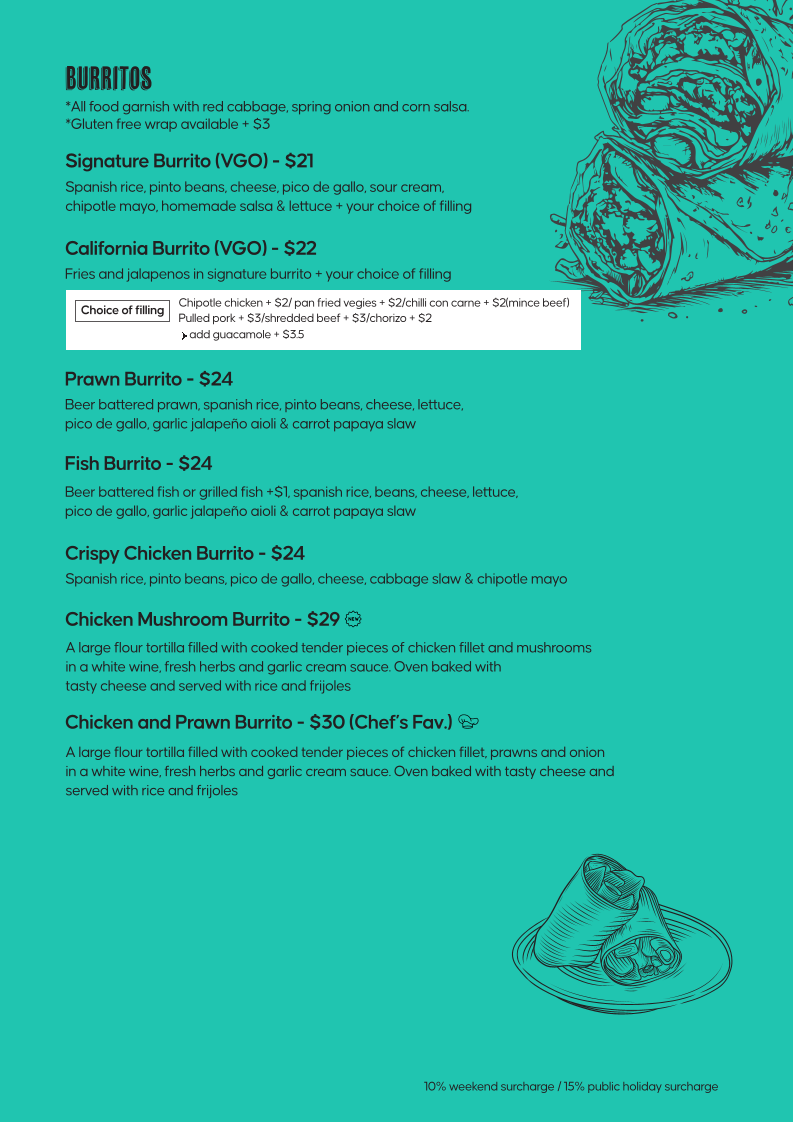 Menu, Tacos ‘N’ Tequilas Rowville