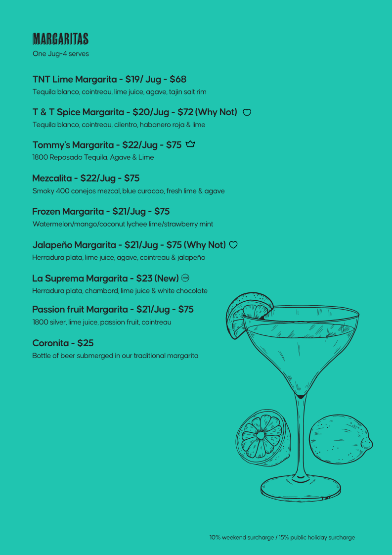 Menu, Tacos ‘N’ Tequilas Rowville