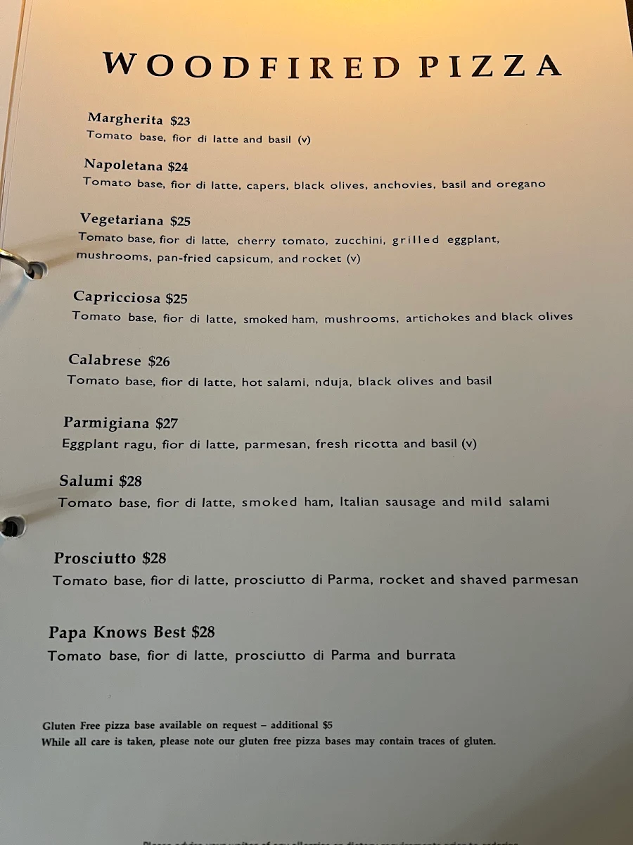 Menu, Pasticceria Papa