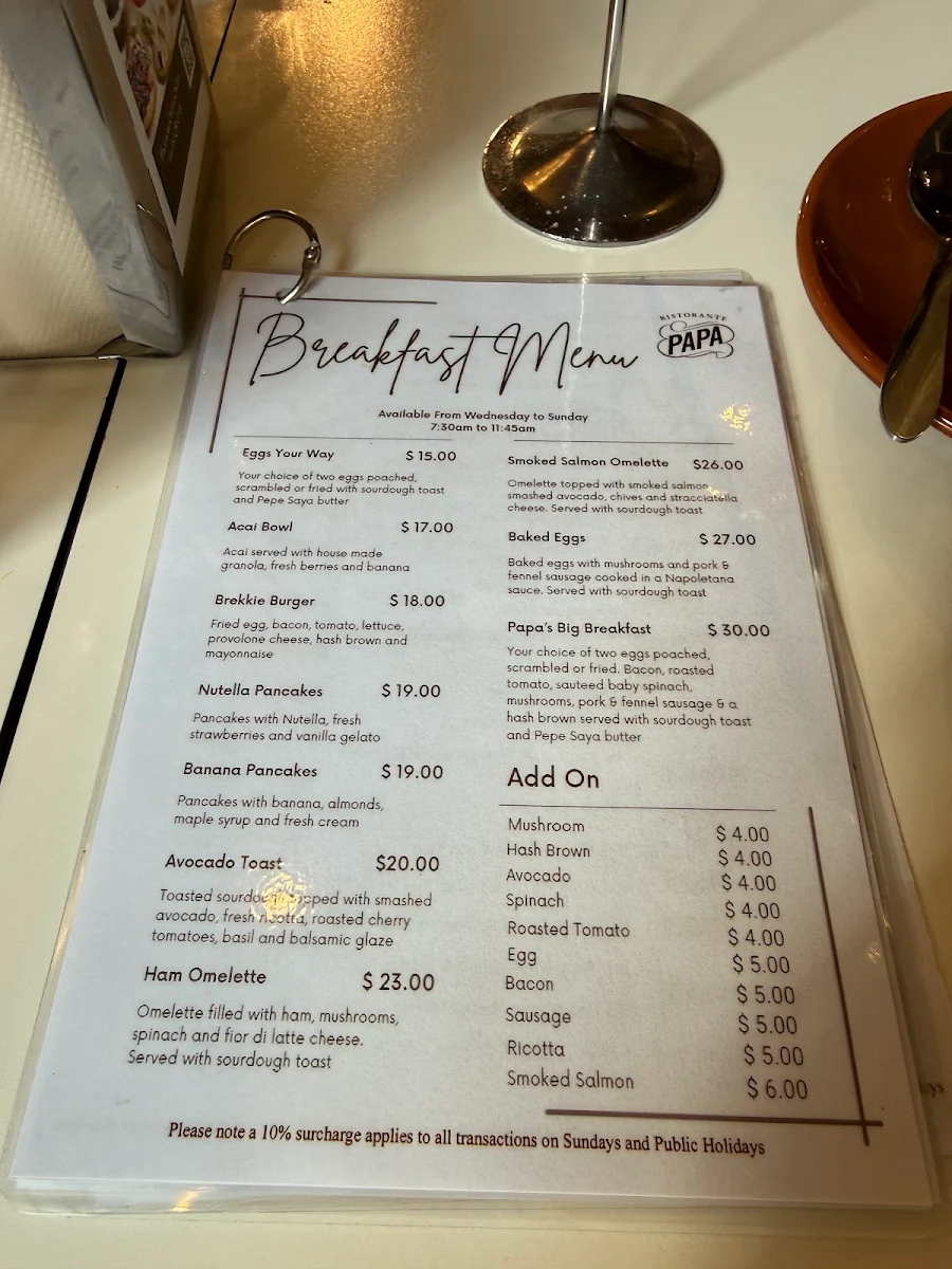Menu, Pasticceria Papa