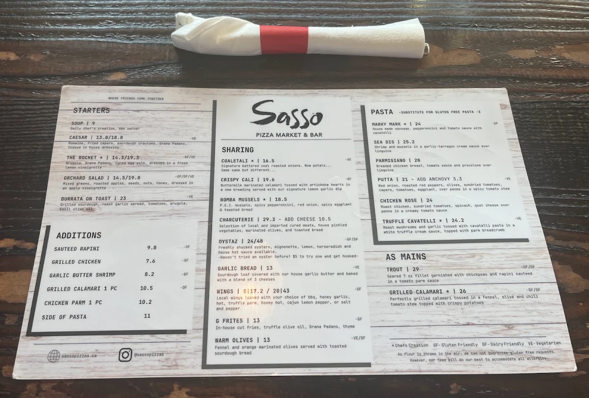 Menu, Sasso Pizza Market & Bar