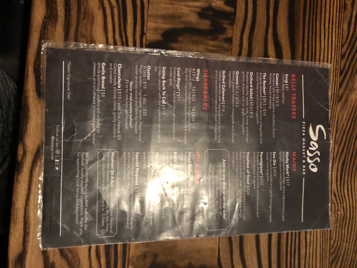 Menu, Sasso Pizza Market & Bar