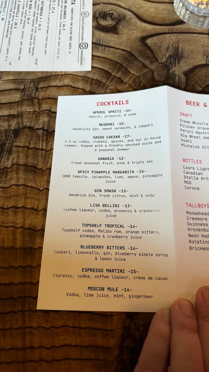 Menu, Sasso Pizza Market & Bar