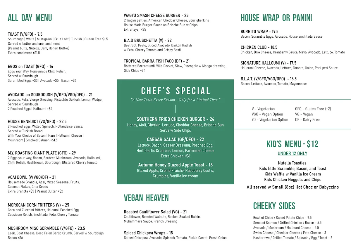 Menu, M.Y. Roasting Cafe
