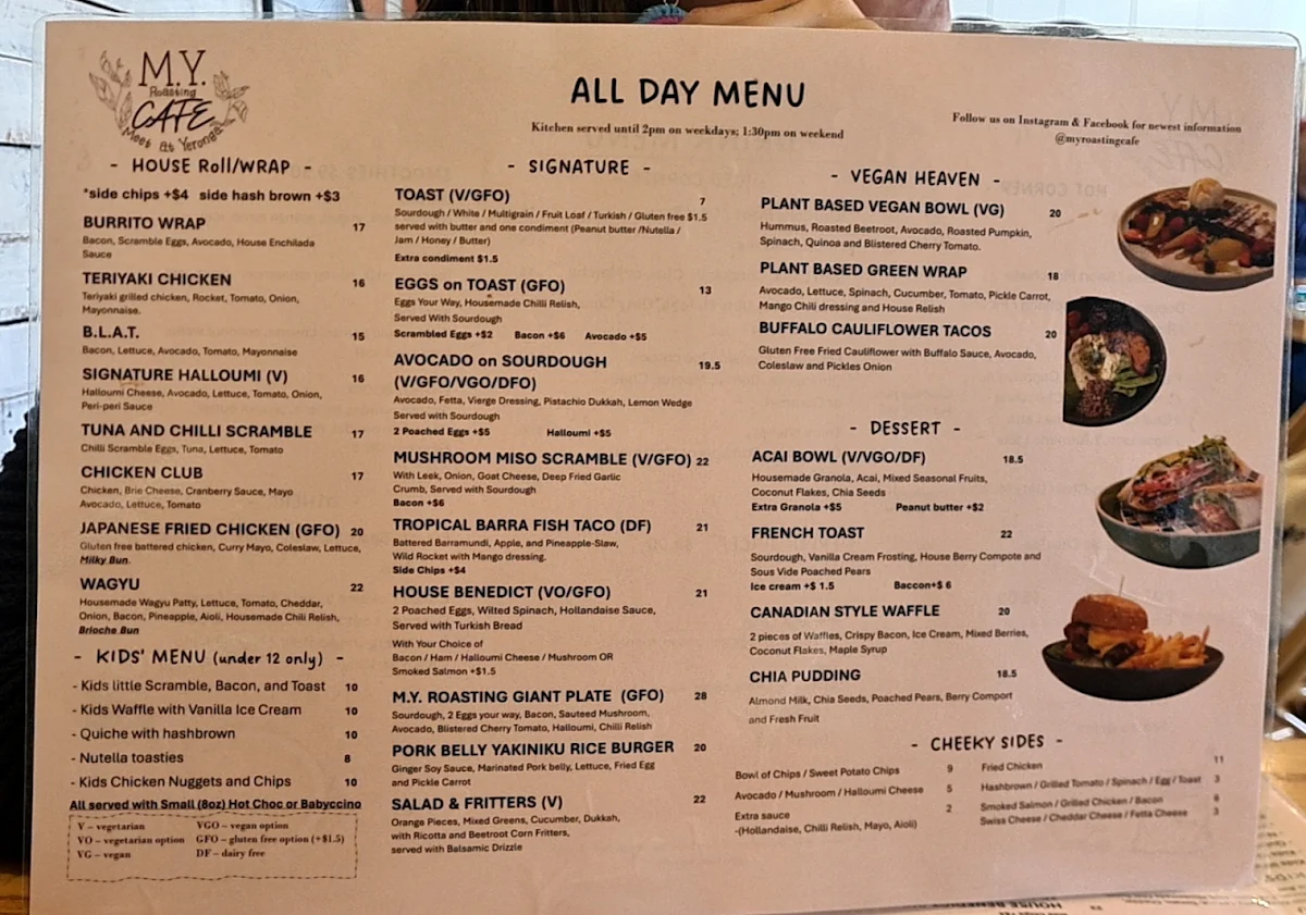 Menu, M.Y. Roasting Cafe