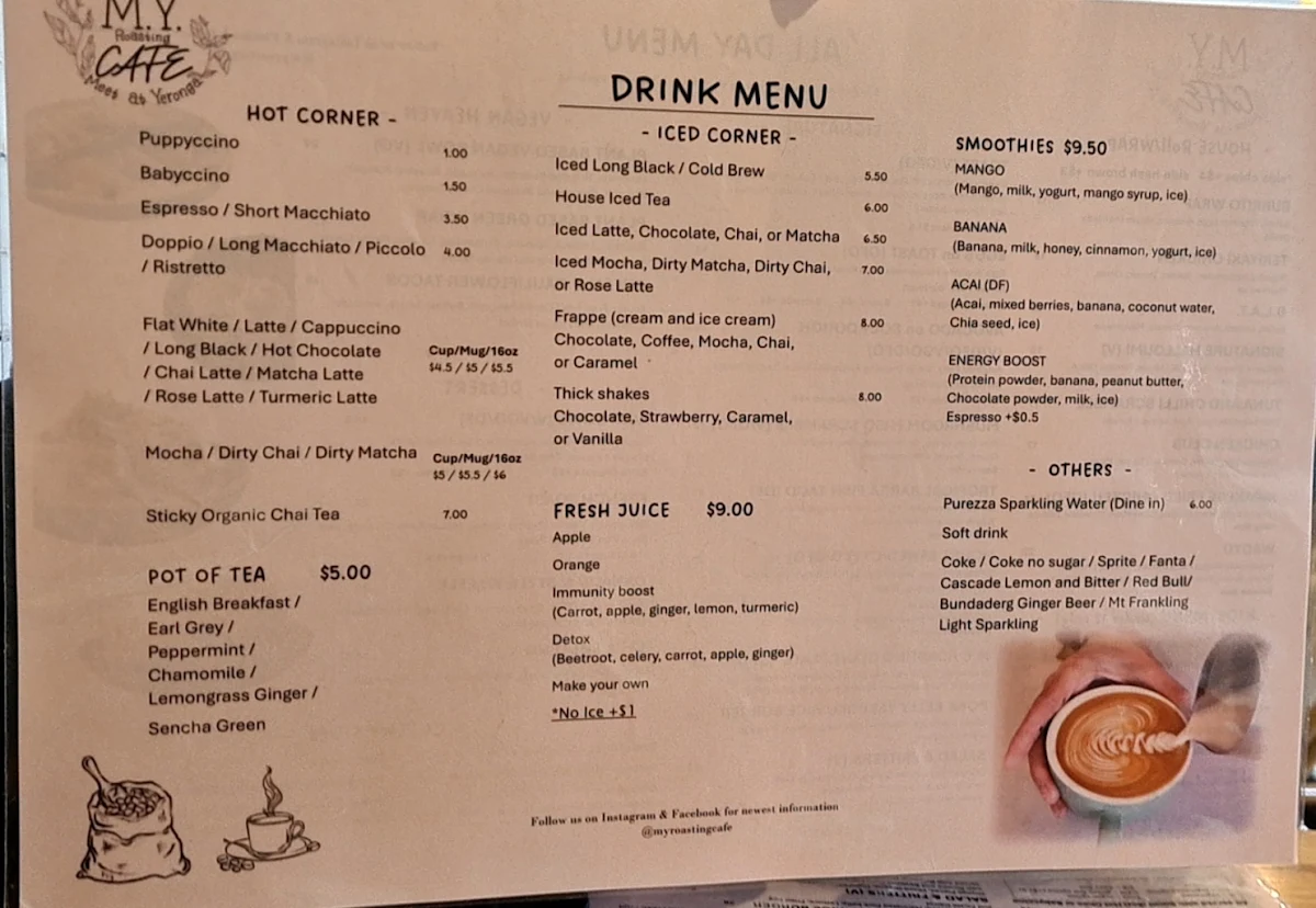 Menu, M.Y. Roasting Cafe