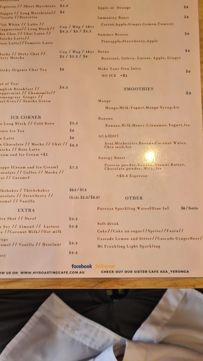 Menu, M.Y. Roasting Cafe