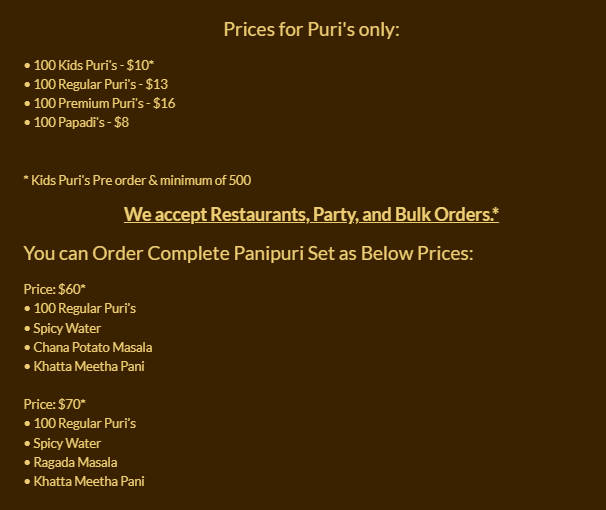 Menu, JP Panipuri