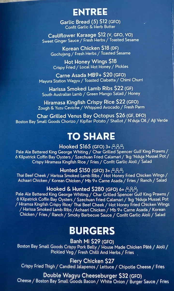 Menu, Hotel Boston