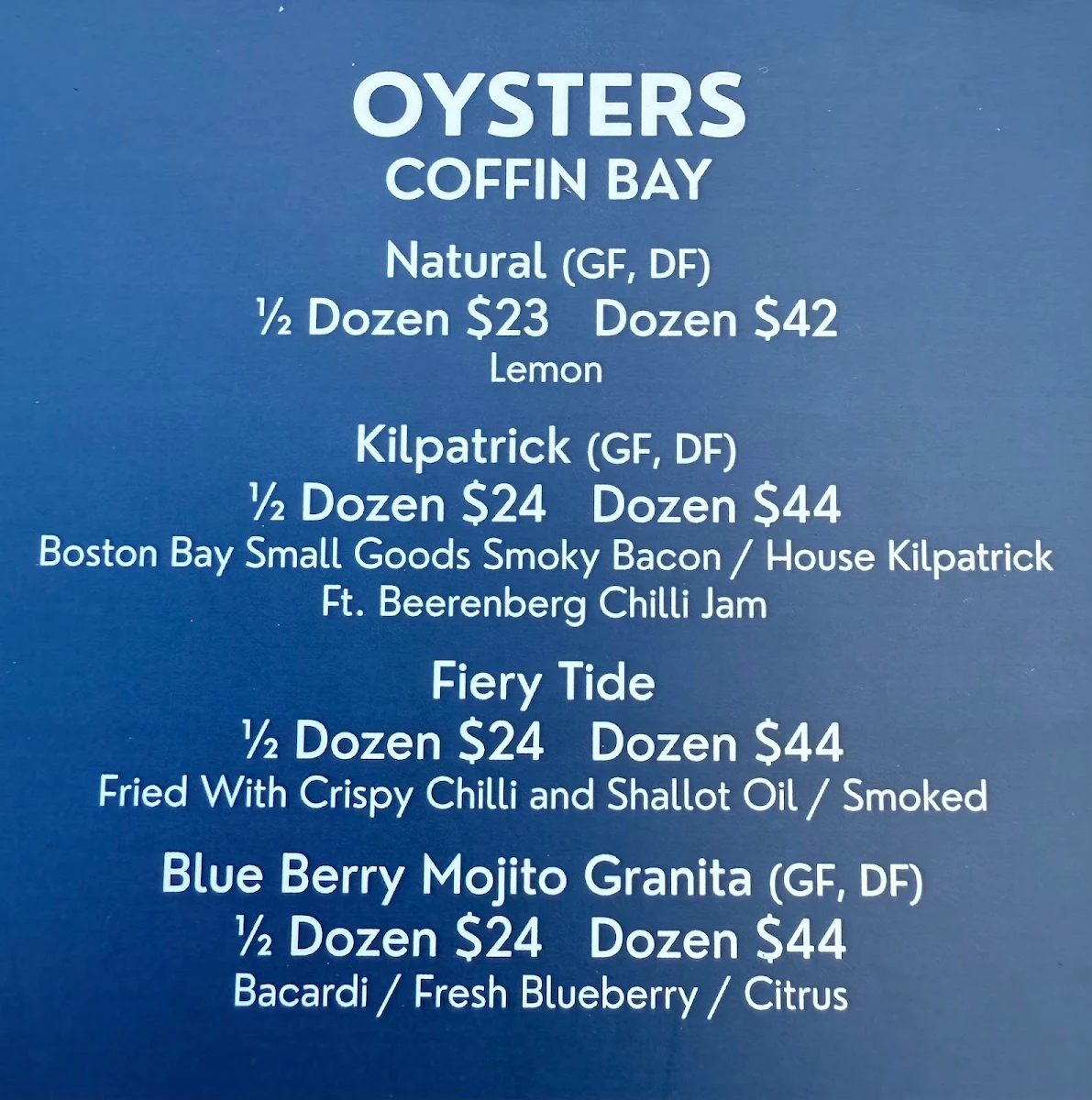 Menu, Hotel Boston