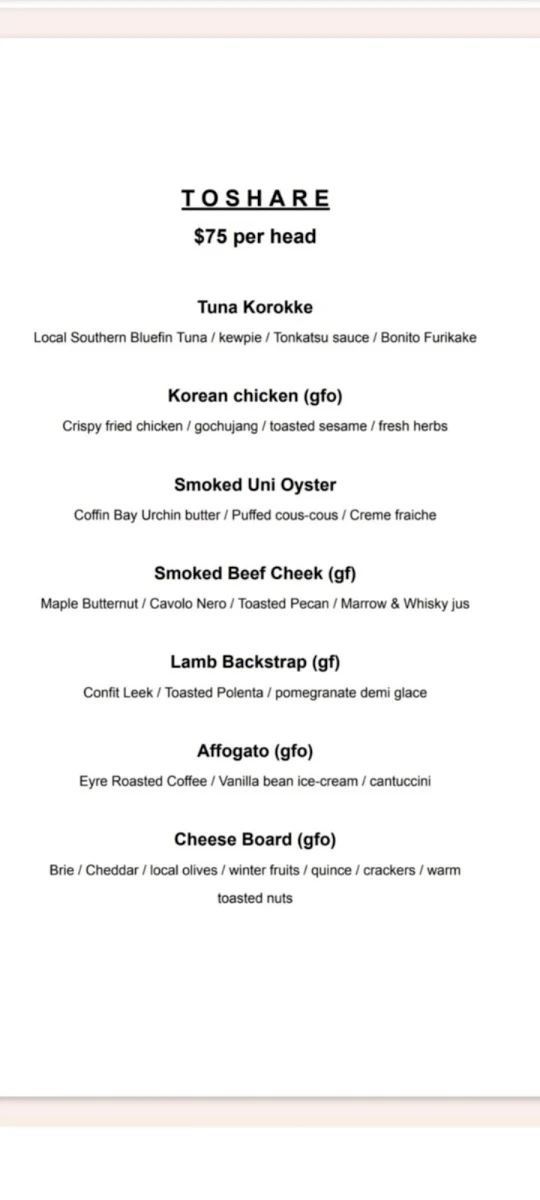 Menu, Hotel Boston