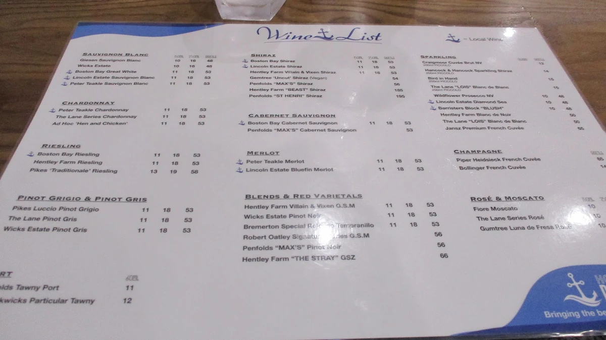 Menu, Hotel Boston