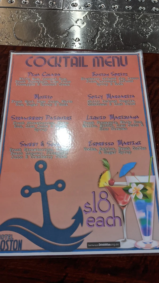 Menu, Hotel Boston