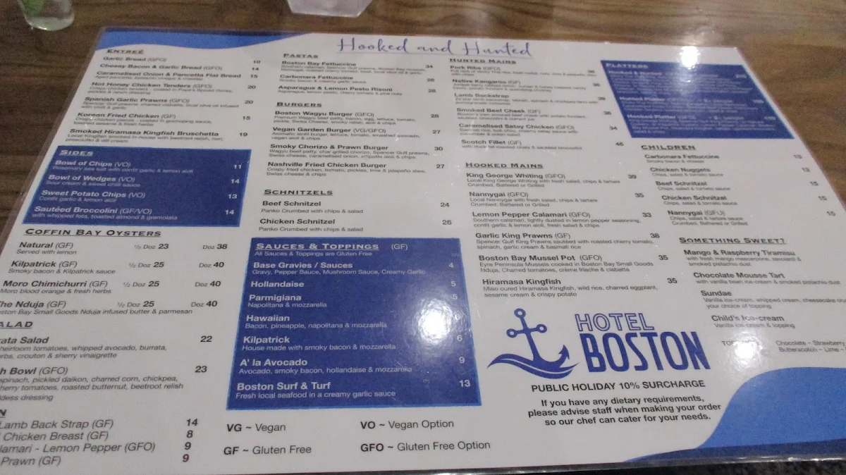 Menu, Hotel Boston