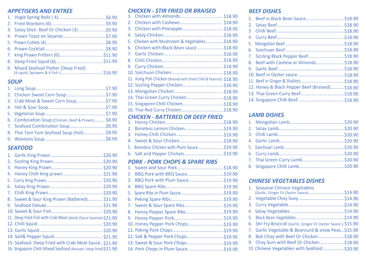 Menu, Dragon Inn