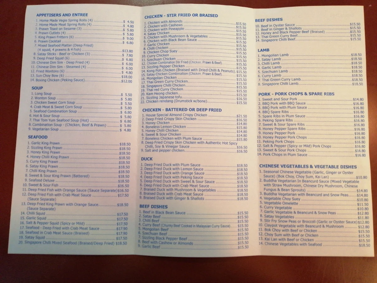 Menu, Dragon Inn