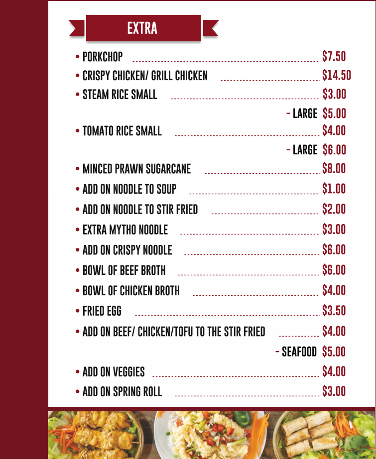 Menu, Phở More Moorebank