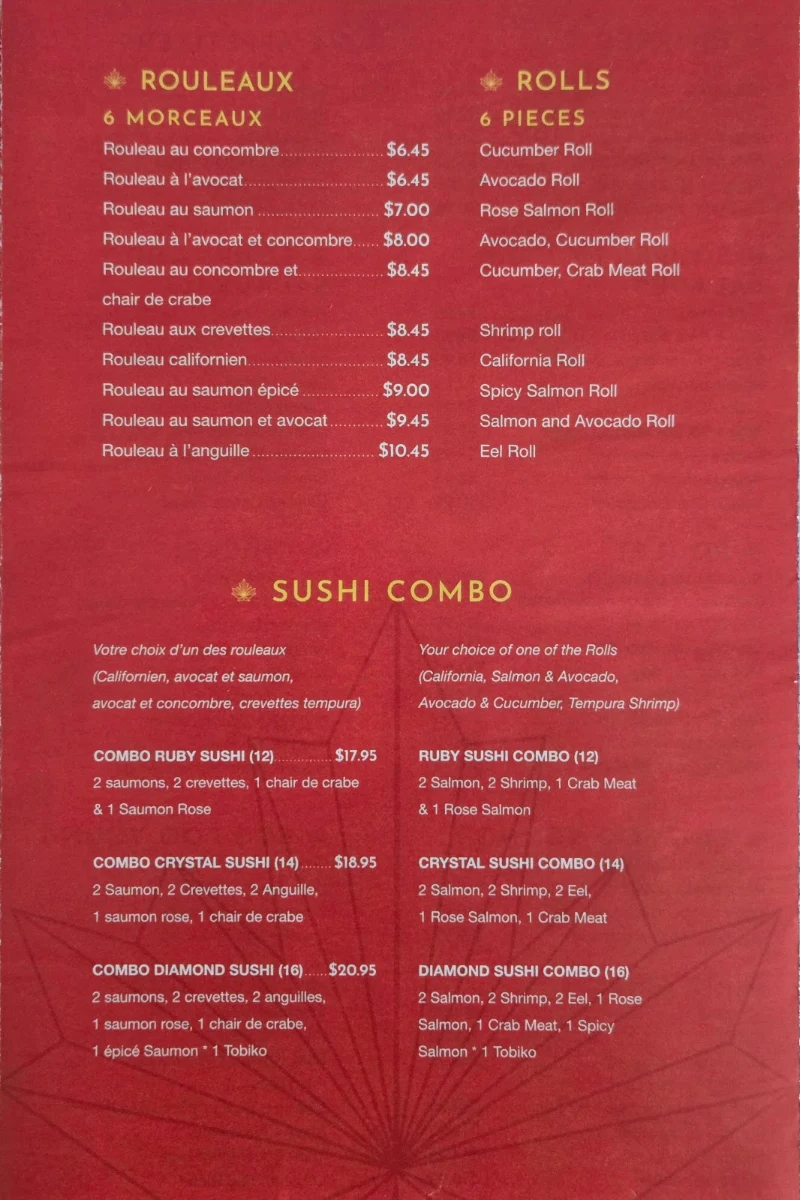 Menu, Maple Leaf Queen's Buffet