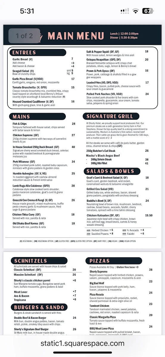 Menu, The Shorty Hotel