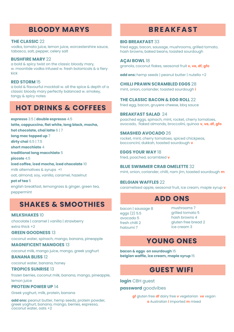 Menu, Cable Beach House