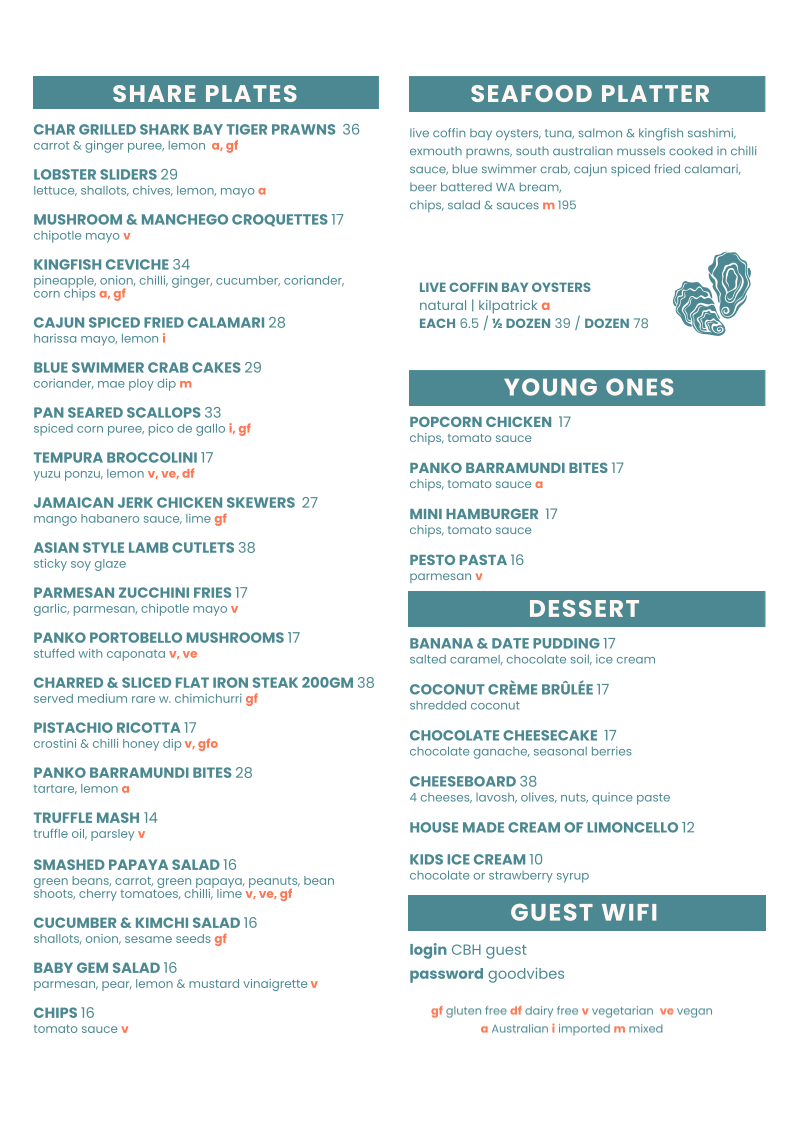 Menu, Cable Beach House
