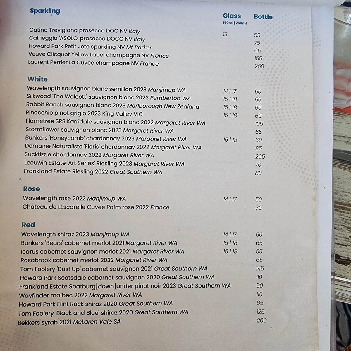 Menu, Cable Beach House