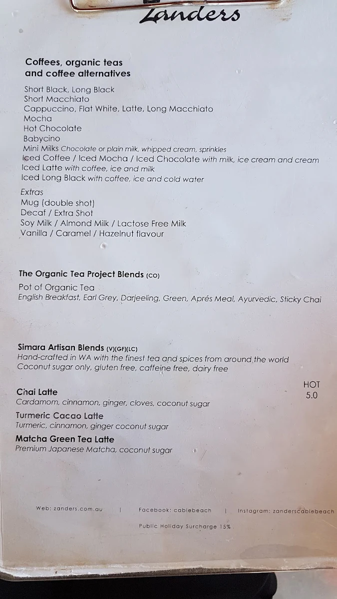 Menu, Cable Beach House