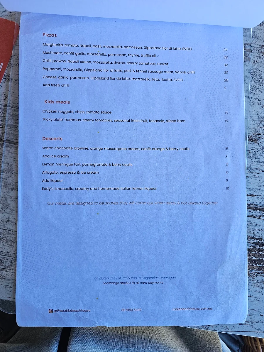 Menu, Cable Beach House