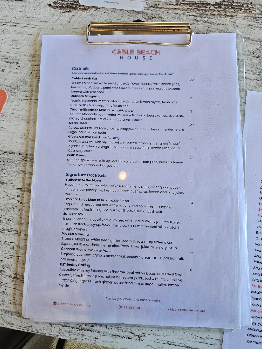 Menu, Cable Beach House