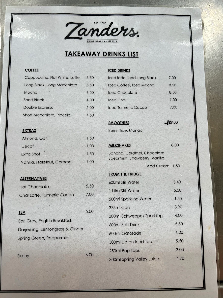 Menu, Cable Beach House