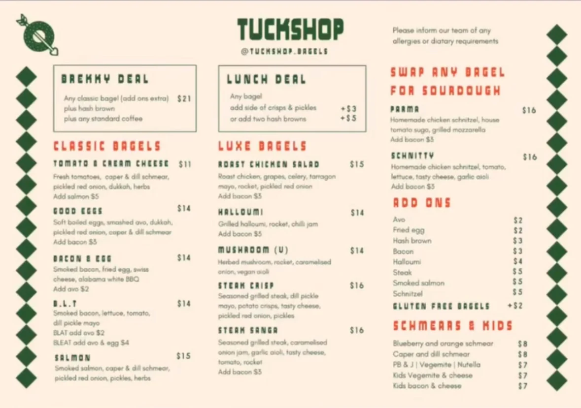 Menu, Tuckshop cafe & bagels