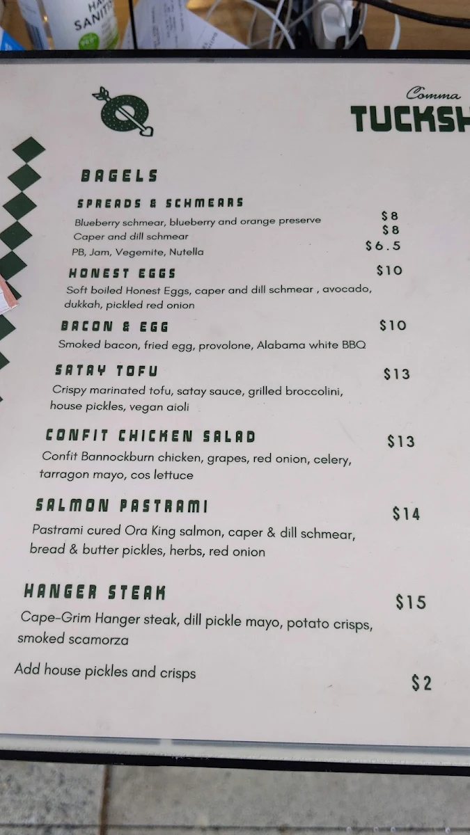 Menu, Tuckshop cafe & bagels
