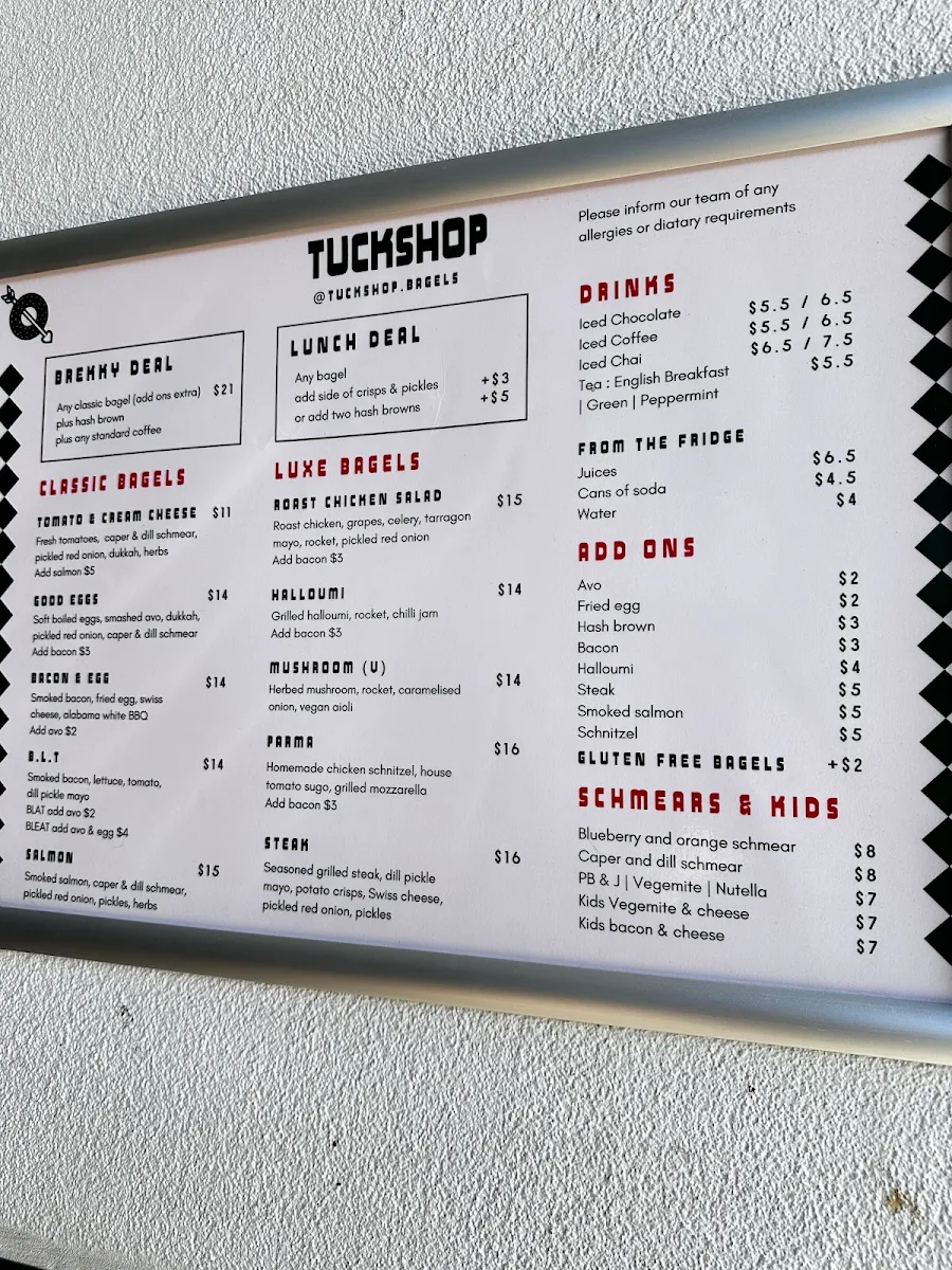 Menu, Tuckshop cafe & bagels