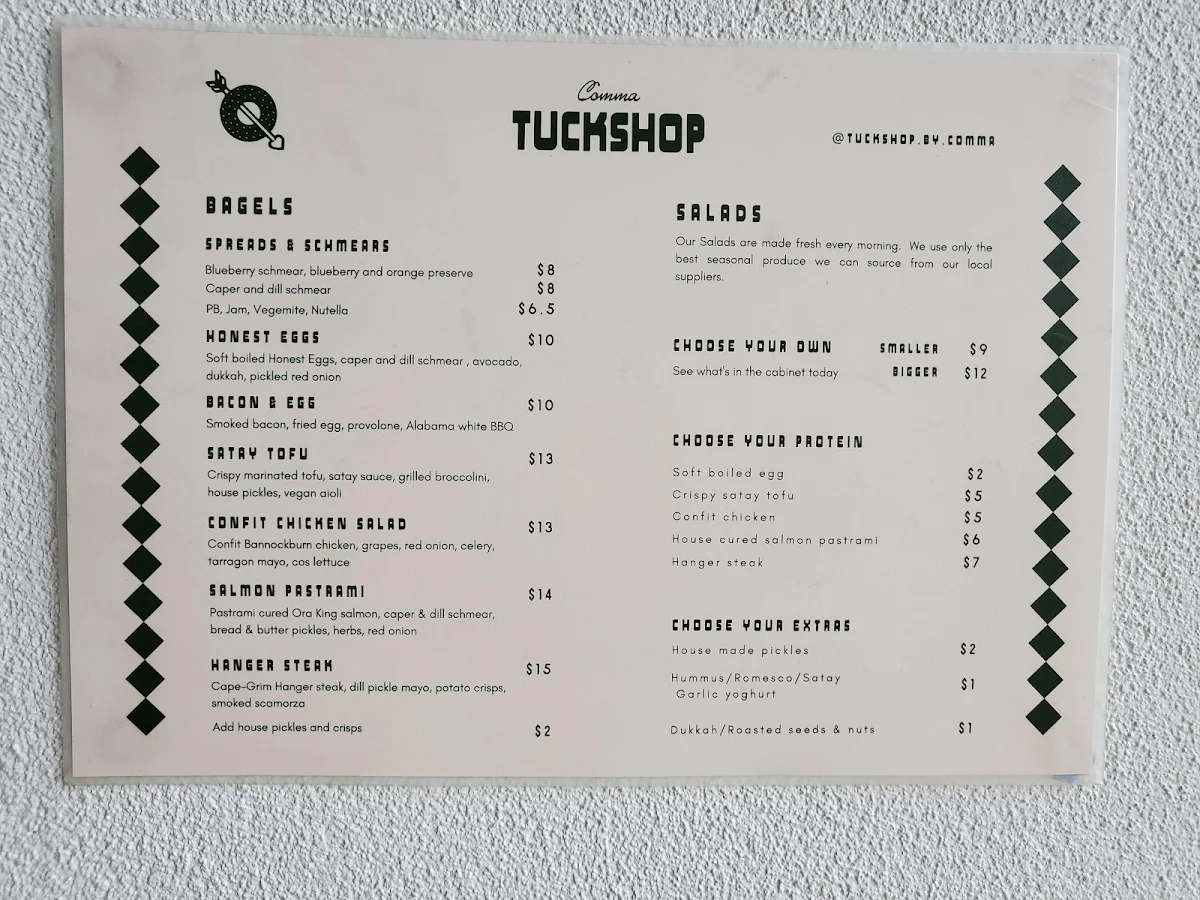 Menu, Tuckshop cafe & bagels
