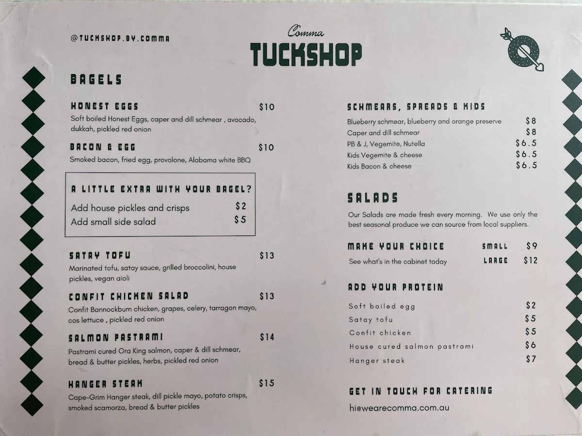 Menu, Tuckshop cafe & bagels