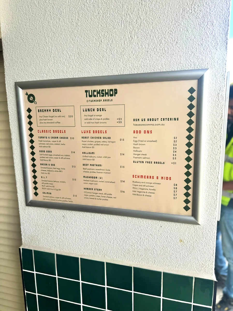 Menu, Tuckshop cafe & bagels