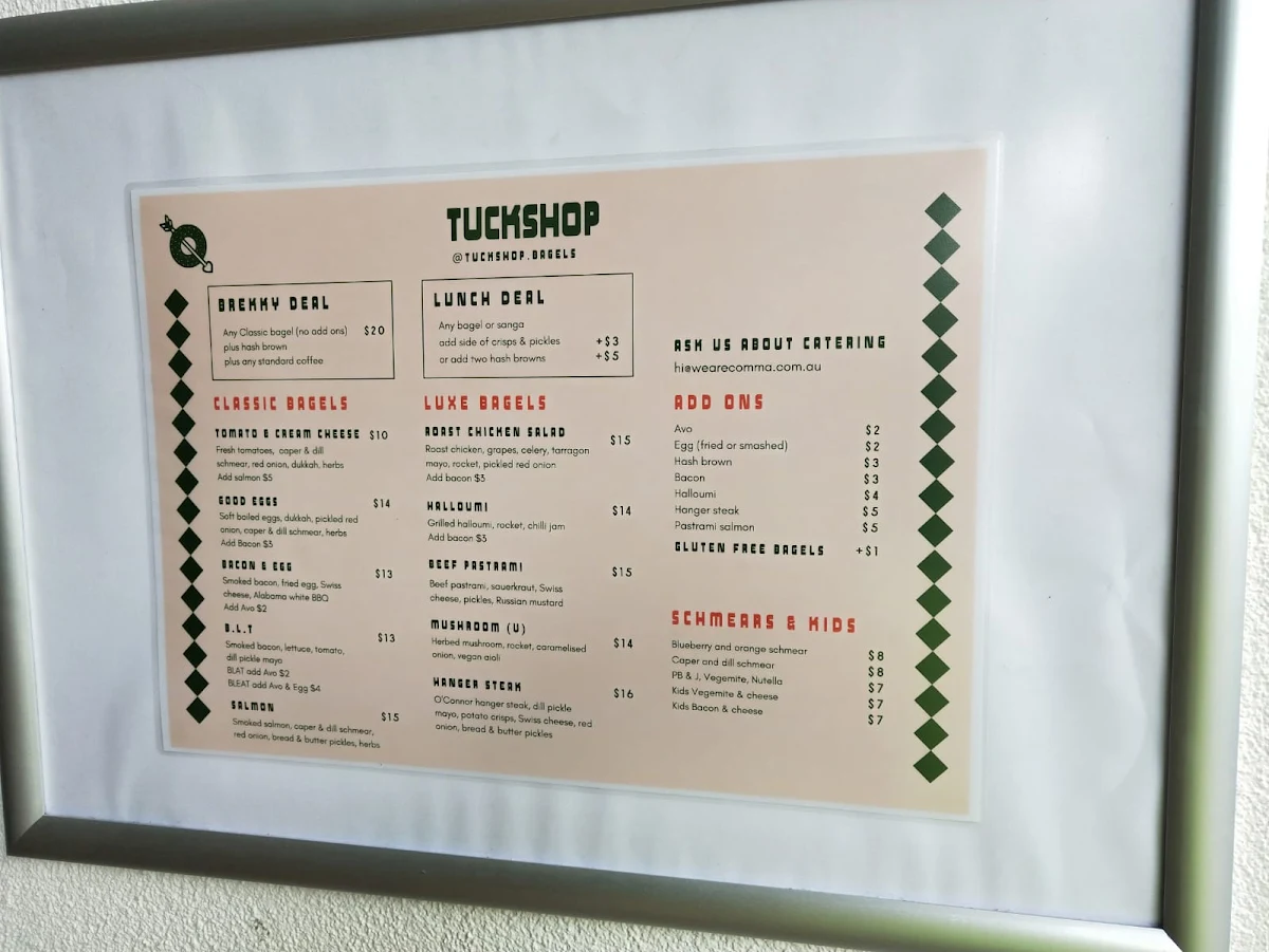 Menu, Tuckshop cafe & bagels