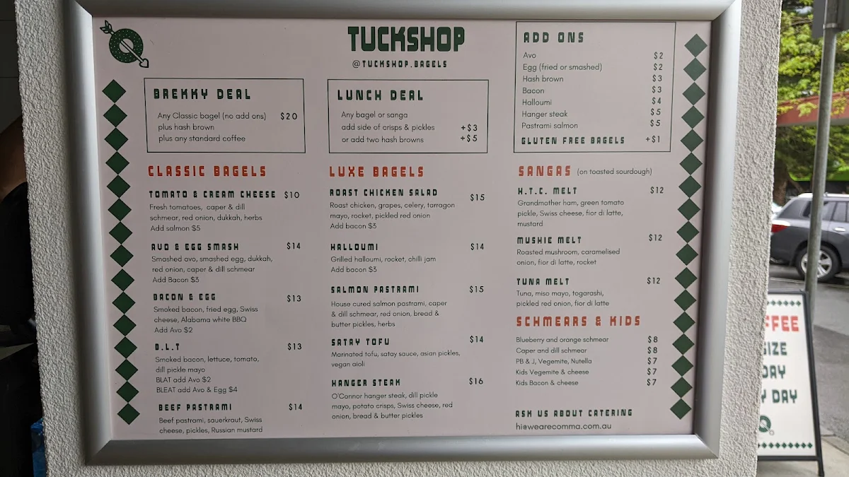 Menu, Tuckshop cafe & bagels