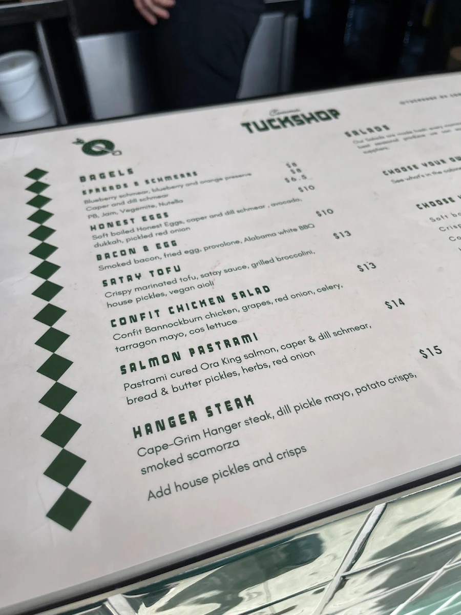 Menu, Tuckshop cafe & bagels